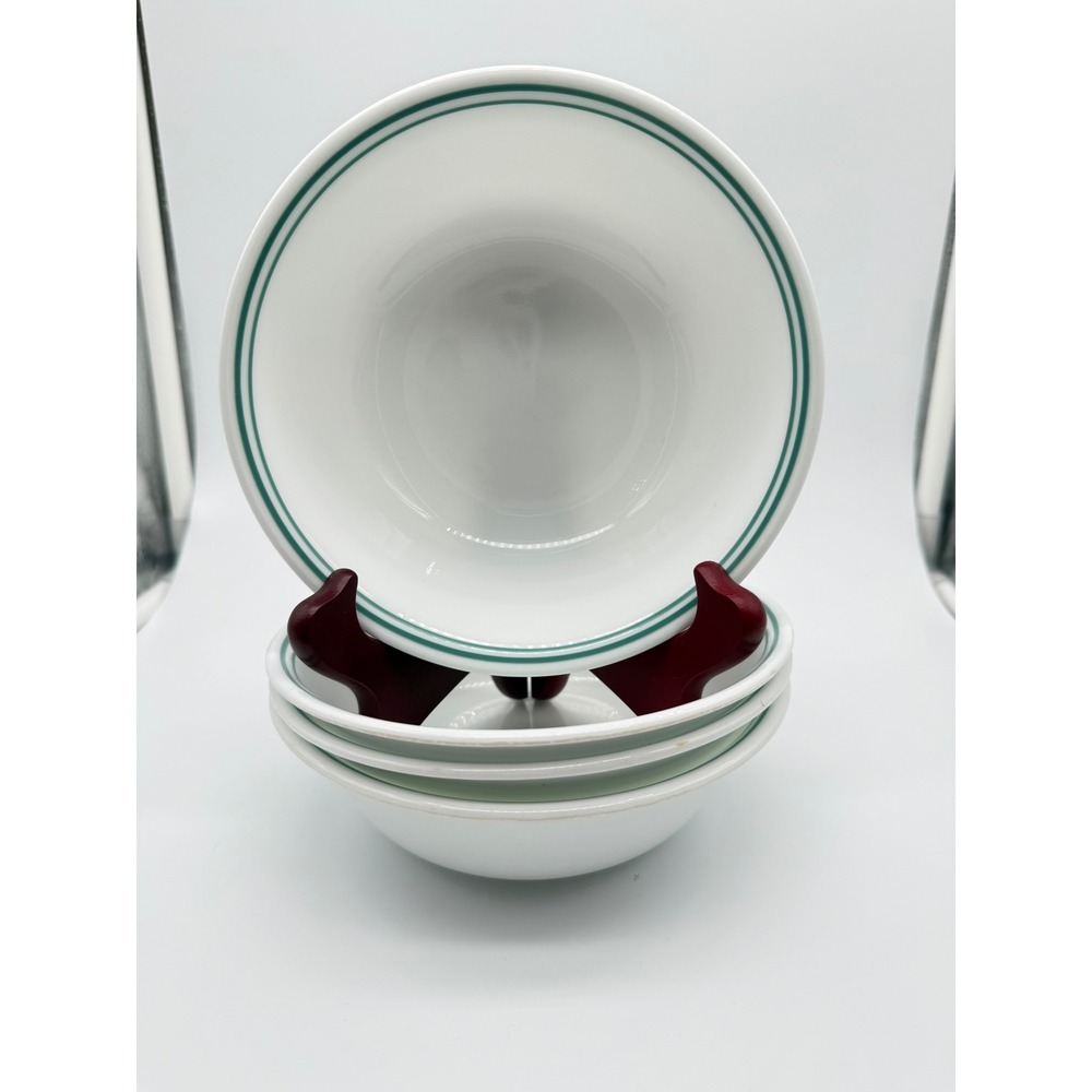 Corelle Corning Green Banded White Rim Cereal Soup Bowls 6.25 Inch Set of 4